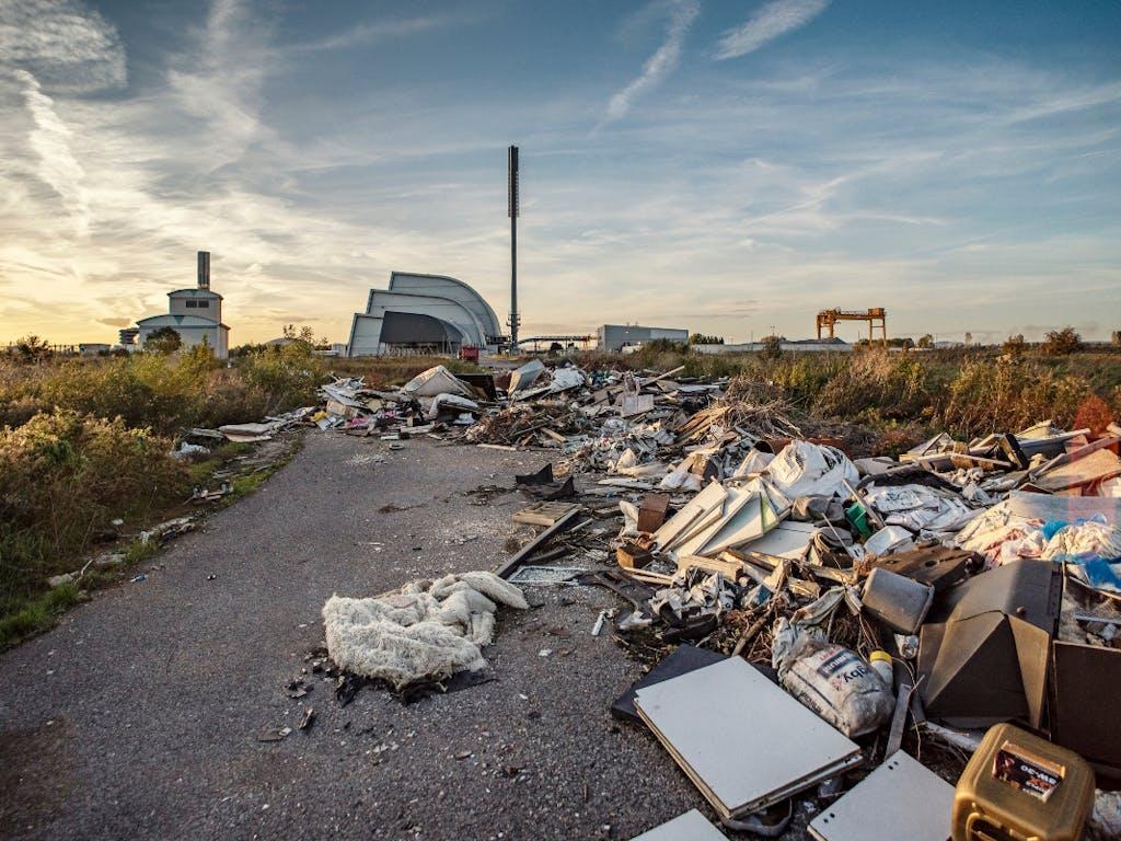 Fly tipped waste including asbestos, toxic chemicals and other harmful pollutants dumped outside Seabank Power Station, Avonmouth. 